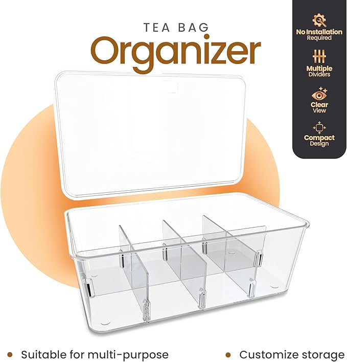 Utopia Home Tea Bag Organizer Set with Lids – 3 Pack Stackable Clear Plastic Storage Bins for Pantry, Cabinet & Fridge – Ideal for Tea, Snacks & Spice Organization