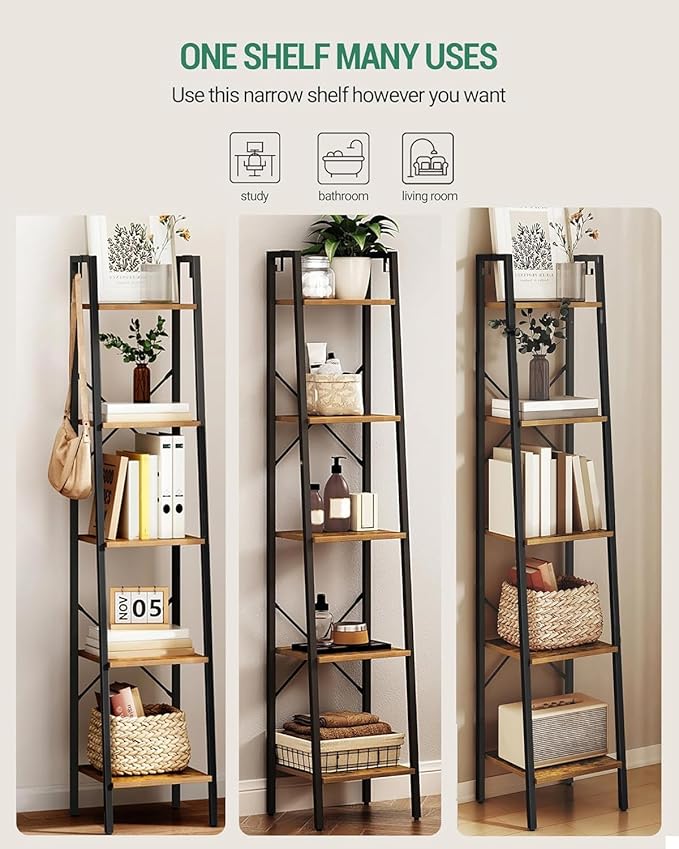 Ladder Shelf, Bookshelf Bookcase, Freestanding Corner Storage Shelve with 2 Hooks for Home Office, Living Room, Kitchen, Bedroom, Industrial, 11.8" D x 13.4" W x 63" H, Rustic Brown BC03201B