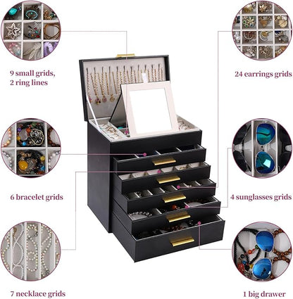 BOOVO Jewelry Boxes for Women, White and Black 6 Layer Large Jewelry Box for Necklace, Bracelet, Earrings, Rings Storage, Jewelry holder Organizer for Girls Gift (Black and Gold, 6 layer)