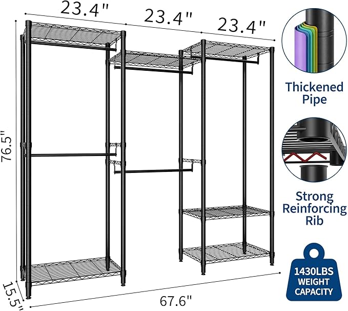 4-Tier Heavy Duty Clothes Rack, 1430LBS Load, Sturdy Metal Garment Rack with Wire Shelves, Multi-Functional Wardrobe Closet with Hanger Rods for Hanging Clothes, 15.5" D x 67.6" W x 76.5" H