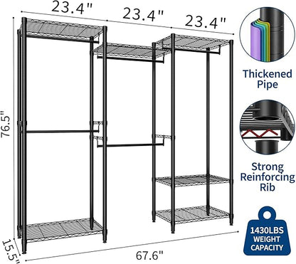 4-Tier Heavy Duty Clothes Rack, 1430LBS Load, Sturdy Metal Garment Rack with Wire Shelves, Multi-Functional Wardrobe Closet with Hanger Rods for Hanging Clothes, 15.5" D x 67.6" W x 76.5" H