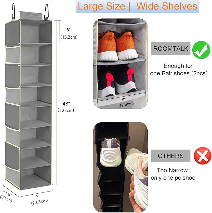 Large-Sized Hanging Shoe Organizer 8-Shelf, Hanging Closet Organizer with 8 Side Pockets, Wider Hanging Shelves for Storage Shoes Clothes 9" W × 11.8" D× 48" H, Grey