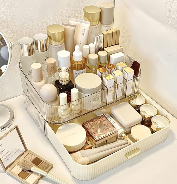 Makeup Organizer With Stackable Drawer, Cosmetic Storage Display Case for Vanity, Bathroom Countertop or Dresser,Counter top Holder for Lipstick, Brushes, Lotions, Eyeshadow, Nail Polish