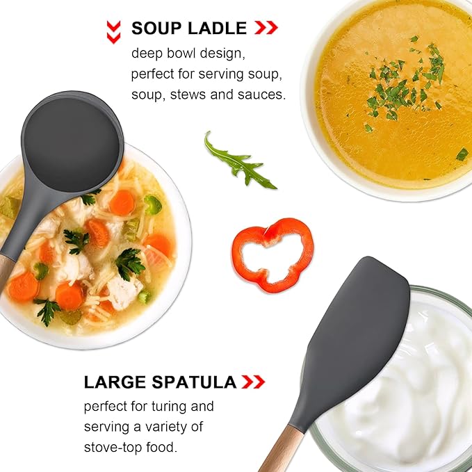 IOCBYHZ Silicone Cooking Utensils Set 5-Piece Non-Stick Kitchen Utensil Set, Wood Handle Heat Resistant Spatula Spoon Turner Soup Ladle Silicone Cooking Kitchen Gadgets BPA Free for Nonstick Cookware