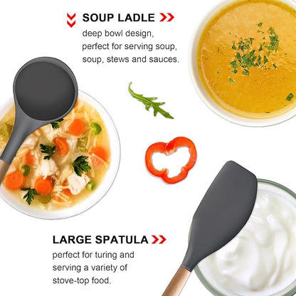 IOCBYHZ Silicone Cooking Utensils Set 5-Piece Non-Stick Kitchen Utensil Set, Wood Handle Heat Resistant Spatula Spoon Turner Soup Ladle Silicone Cooking Kitchen Gadgets BPA Free for Nonstick Cookware
