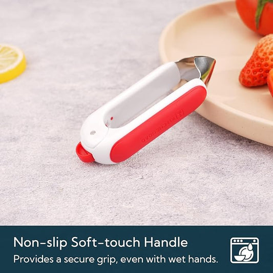 KITCHENDAO Strawberry Huller Corer Stem Remover with Safety Lock, Non-Slip Soft-touch Handle, Sharp Blades, Dishwasher Safe,1 Pack