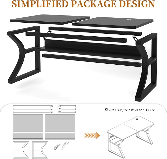 Computer Desk 47/55 Inch Home Office Desk with Storage Shelf & Cable Management, Wide Work Desk with Metal Legs for Home Office Study Bedroom (Black-47inch)