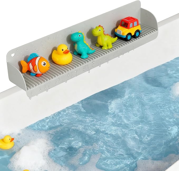 24 Inch Bathtub Splash Guard, Silicone Bath Tub Tray with 10 Strong Suction Cups, Bathtub Shelf Toy Holder, Prevent Water Spills in Bathroom, Easy Clean & Fold, Grey
