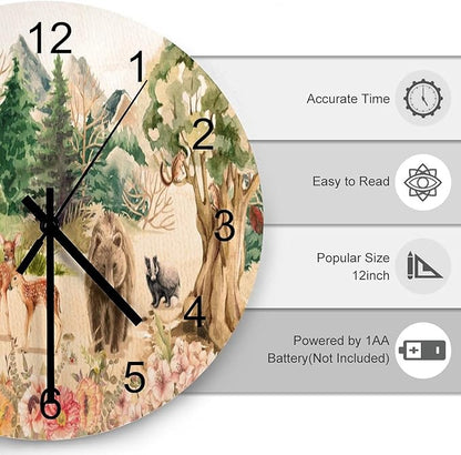 Forest Wood Wall Clock, Retro Mountain Forest Nature Tree Woodland Flower Animal Bear, Deer Pattern 12 Inch Silent Non-Ticking Battery Operated Round Clock for Bedroom Living Room Office Decor