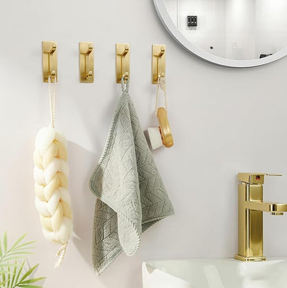 pickpiff Self Adhesive Hooks, Extra Sticky 10LB (Max), Heavy Duty Stainless, Stick On Wall and Door Hooks for Hanging, Bathroom Towel Hooks and Coat Hooks, Robe Hook Wall Mounted, Gold, 4 Pack