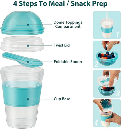 Freshmage Yogurt Parfait Cups with Lids, 2 Pack 20 oz Reusable Overnight Oats Containers with Lids, Topping Compartment & Spoon to Go for Breakfast Meal Prep, Portable & Lightweight (Blue&Green)