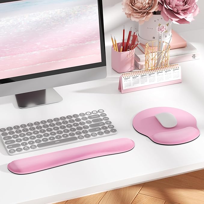 KTRIO Keyboard Wrist Rest & Mouse Pad with Wrist Rest Set, Pale Pink | Memory Foam Wrist Support, Ergonomic Design, Non-Slip Base, Office and Home Use