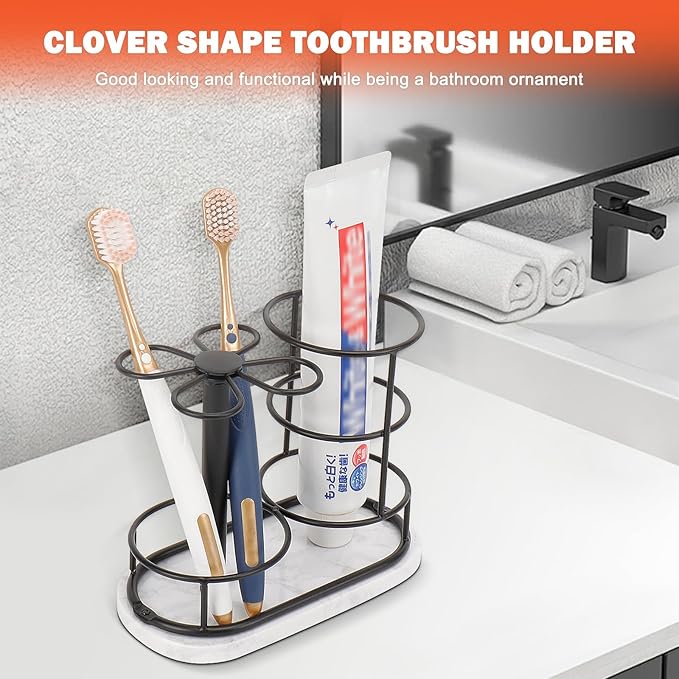 Toothbrush Holder Stand for Bathroom, Metal Toothbrush Organizer with Marble Base, Toothbrush Storage Collection for Family, Suitable for Home Hotel Countertop Vanity (Medium, Matte Black)
