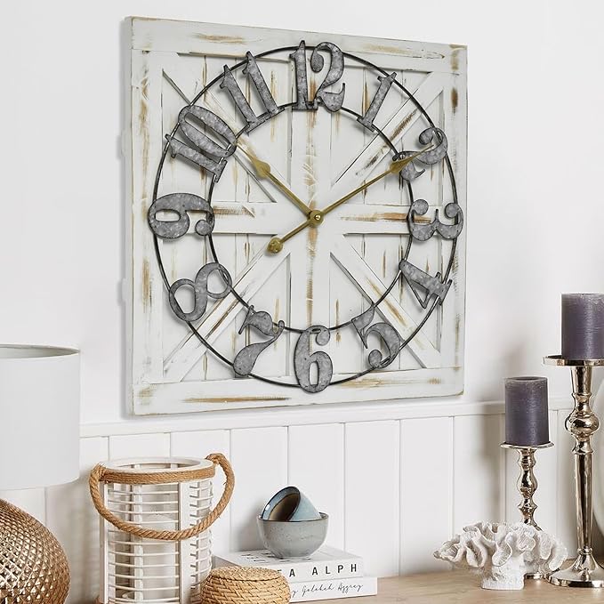 Large Farmhouse Wall Clock – 24 Inch White Square Rustic Wooden Clock with Decorative Reversible Wooden Sign, Perfect for Any Space and Ideal Gift