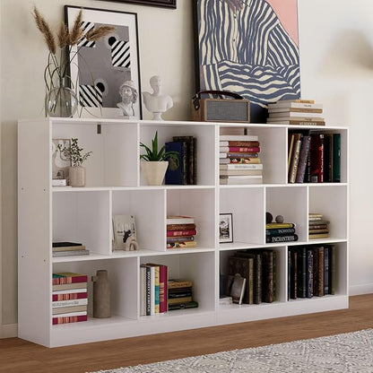 7-Cube Wooden Bookshelf with Base,3-Tier Freestanding Open Storage Organizer,Multi-Functional Bookcase for Living Room,Bedroom,Study and Office (White, 7-Cube)