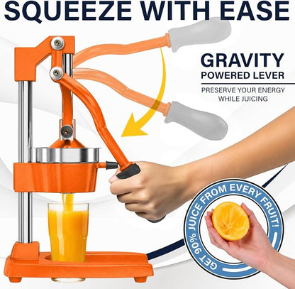 Eurolux Ultra-Premium Cast Iron Juicer | Extra-Large, Heavy Duty, Commercial Grade, Stainless Steel Manual Hand Press Citrus Squeezer For Fresh Orange Juice, Pomegranate, Lemon, and Much More (Orange)