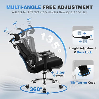 Ergonomic Office Desk Chair, High Back Mesh Office Chair with Adjustable Lumbar Support, 3D Headrest, Big and Tall Home Computer Desk Chairs Comfy for Work, Gaming, 300lbs, Black