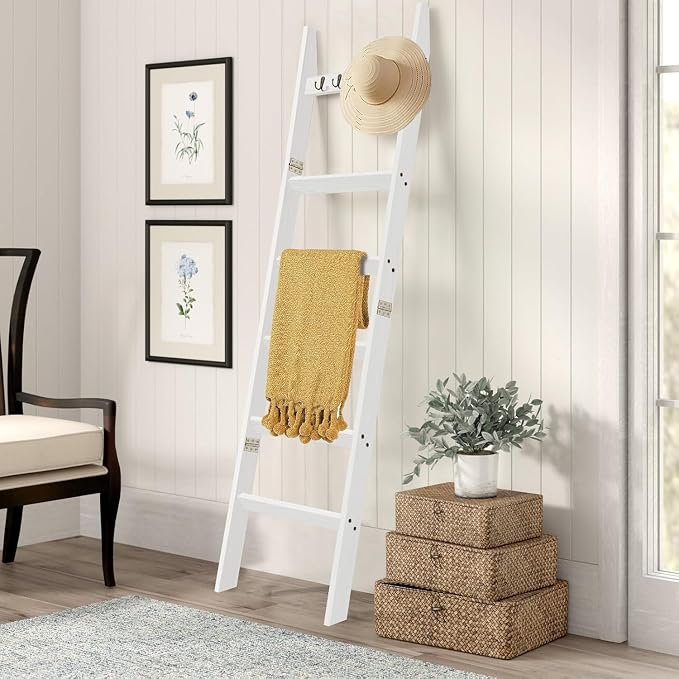 TEAKMAMA 6-Tier Blanket Ladder for Living Room and Bedroom,5.4 Ft Wall Leaning Quilt Rack with Hooks,Rustic Decorative Farmhouse Blanket Storage,Stylish Ladder Holder,Easy to Assemble,White