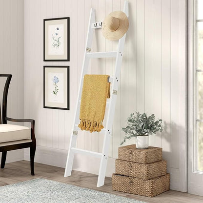 TEAKMAMA 6-Tier Blanket Ladder for Living Room and Bedroom,5.4 Ft Wall Leaning Quilt Rack with Hooks,Rustic Decorative Farmhouse Blanket Storage,Stylish Ladder Holder,Easy to Assemble,White
