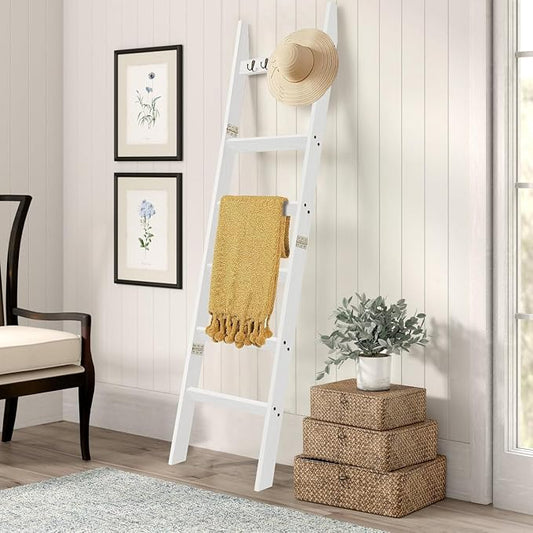 TEAKMAMA 6-Tier Blanket Ladder for Living Room and Bedroom,5.4 Ft Wall Leaning Quilt Rack with Hooks,Rustic Decorative Farmhouse Blanket Storage,Stylish Ladder Holder,Easy to Assemble,White