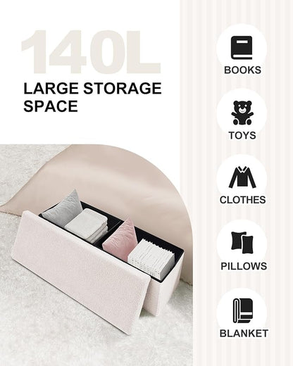 B FSOBEIIALEO Small Storage Ottoman Cube Sherpa Ottomans Foot Rest, Foldable Boucle Ottoman Bench, Faux Teddy Fur, Cream White 43.3"x15"x15"