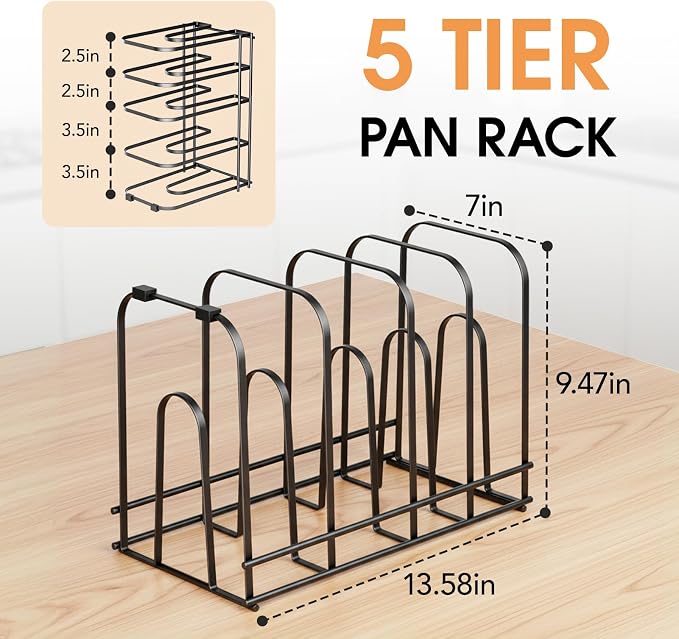 ORDORA Pots and Pans Organizer Rack under Cabinet 13.58" Tall, 5-Tier Pan Organizers inside Cabinet, Space Saving Kitchen Storage Pot Rack for Baking Pan Cast Iron Skillets Cookware - No Assembly
