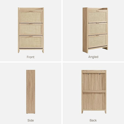SICOTAS Rattan Shoe Storage Cabinet with 6 Flip Drawers, Freestanding Shoe Cabinet Storage for Entryway, Holds 50 Shoes, 57.4" Tall Farmhouse Shoe Organizer Rack for Foyer, Hallway, Light Oak, 2PCS