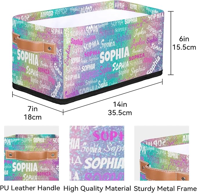Personalized Narrow Storage Bins, Customized Name Storage Basket Rectangle Organizer for Organizing Kids Pets Toys Towels Socks Shelf Closet, Colorful Light Pink Purple Yellow Blue Glittering