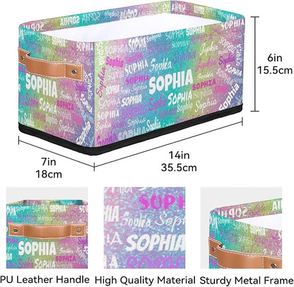 Personalized Narrow Storage Bins, Customized Name Storage Basket Rectangle Organizer for Organizing Kids Pets Toys Towels Socks Shelf Closet, Colorful Light Pink Purple Yellow Blue Glittering