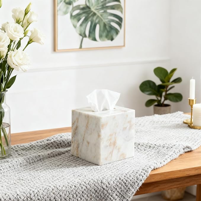 Marble Tissue Box Cover for Bathroom, White with Gold Texture Marble Facial Tissue Holder, Rectangular Toilet Paper Holder Case, Elegant Home Decorative for Vanity, Bedroom, Living Room, Office