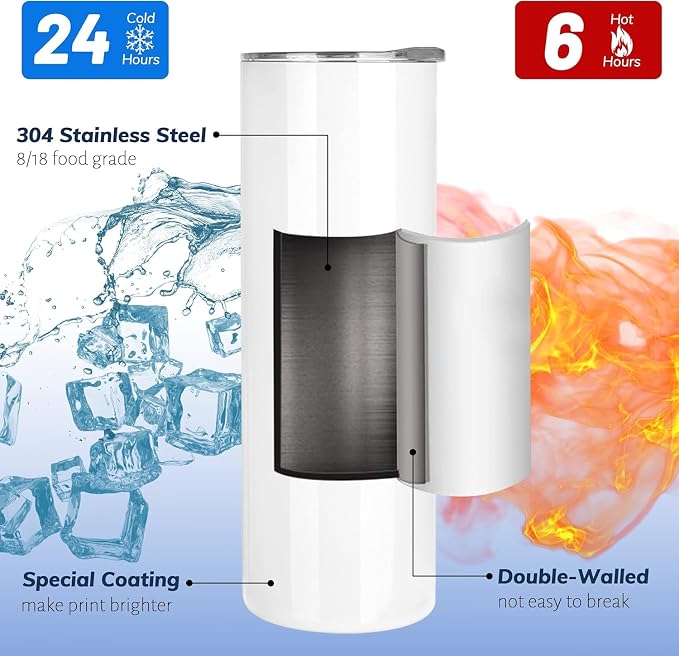 Joyclub Sublimation Tumblers Blanks 20 oz Skinny Straight Tumblers Bulk Stainless Steel Insulated Sublimation Cups with Lids and Straw, Gift Box
