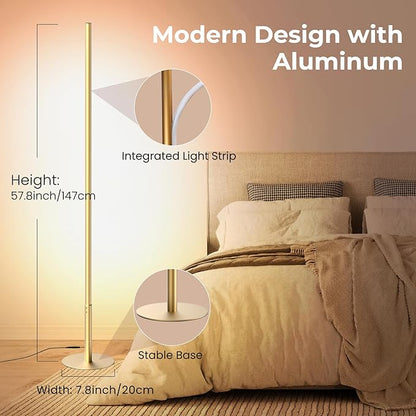 LED Corner Floor Lamp for Living Room, Dimmable Light with Remote, 2700-6500k Stepless Adjustable Colors & Brightness, Modern Reading Bright Light, 58" Standing Lamp for Bedroom (Gold)