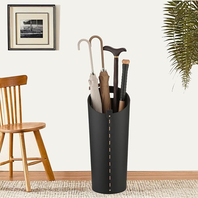 Black Umbrella Holer for Entryway with Drip Tray and 2 Steel Hooks Leahter Tall 22.44 Inches Umbrella Stand Rack Indoor Can Store 10 Golf Umbrellas or Crutches Toy Swords etc