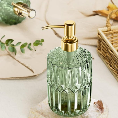 AmazerBath Soap Dispenser, 2 Pack Green Glass Soap Dispenser with Pump Stainless Steel, 14.2OZ Luxury Gold Hand Soap Bottles Bathroom Kitchen