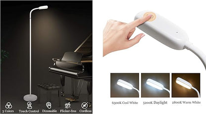 KOZIS Cordless Rechargeable Type-C FlexLamp | 2-in-1 Desk Floor Customizable | 3 Colors Adjustable Gooseneck | Stepless Dimming | Lamp for Piano Craft Bedroom Office Study Reading Camping
