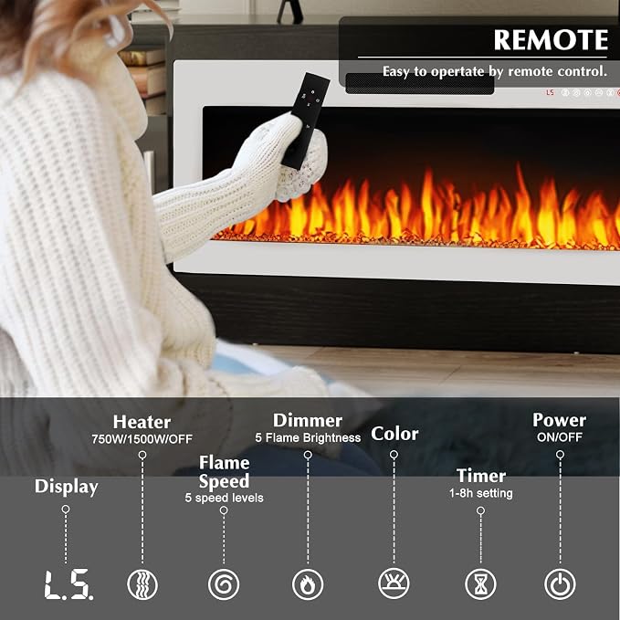LEMBERI 70" Black TV Stand with 36" White Electric Fireplace, 750W/1500W Entertainment Center for TVs up to 80", 20-Color LED, 300lbs Max Capacity High Gloss Cabinet, Two-Tone Style