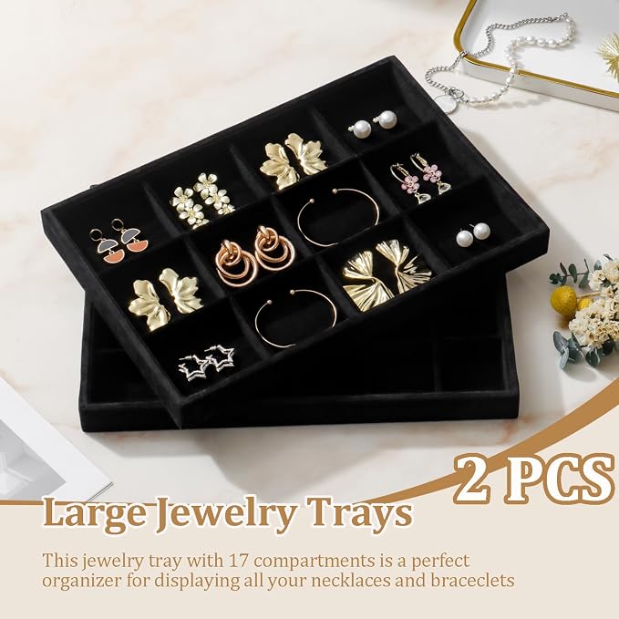 Large Velvet Jewelry Tray 2 Pack Stackable Jewelry Display Drawer Inserts Trays Organizer for Earring Bracelet Necklace Ring (Black, 12 Grids+24 Grids)
