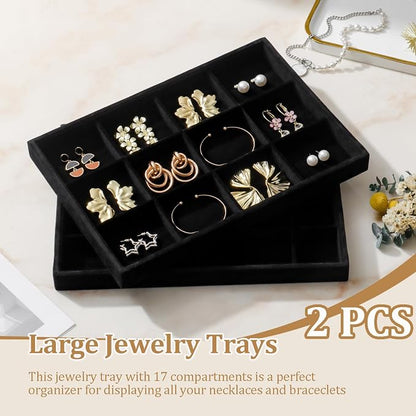 Large Velvet Jewelry Tray 2 Pack Stackable Jewelry Display Drawer Inserts Trays Organizer for Earring Bracelet Necklace Ring (Black, 12 Grids+24 Grids)