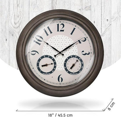 Presentime & Co. 18 Inch Illuminated Outdoor Clock, Waterproof Lighted Large Wall Clock with Thermometer & Hygrometer, Elegant & Vintage Home Decor for Garden, Patio, Pool, Grey Oak Finish