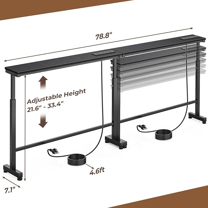 Dicasser 2 Pack Narrow Console Sofa Table with Adjustable Height (22"-33") & 2 Power Outlets, Skinny Behind Couch Table for Living Room Entryway Hallway, 79" L x 7" W x 33" H (Black)
