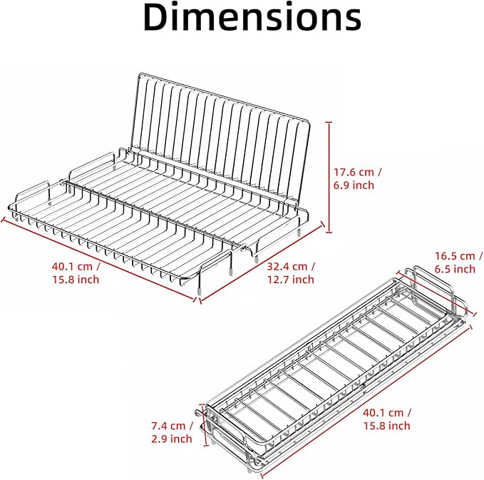 Foldable Dish Drying Rack, Small Dish Drying Rack for Narrow Kitchen Counter, Compact Dishes Drying Rack with Grey Drying Mat - Collapsible, Stainless Steel, Silver