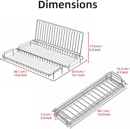 Foldable Dish Drying Rack, Small Dish Drying Rack for Narrow Kitchen Counter, Compact Dishes Drying Rack with Grey Drying Mat - Collapsible, Stainless Steel, Silver