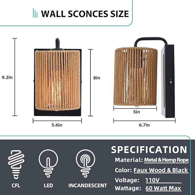 Boho Rattan Wall Sconces Set of Two, Farmhouse Wall Light Fixtures Lighting with Hand Woven Hemp Rope Shade Bedside Wicker Wall Lamp, Wall Mount Light Fixture for Bedroom Living Room Bathroom Stairway