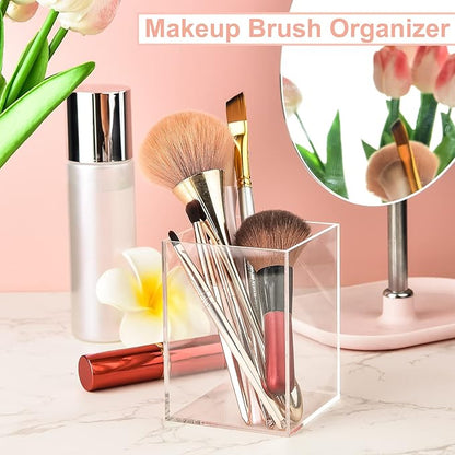 4-Piece Clear Acrylic Pen Holder & Pencil Cup - Makeup Brush Holder - Desktop Stationery Organizer for Office, School, Home - 4 Pack, Square