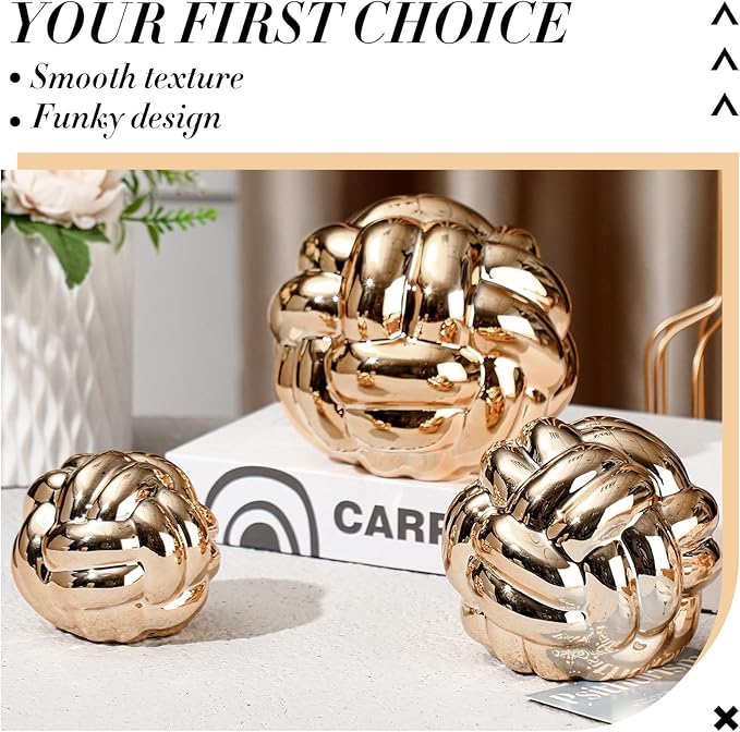 Wenqik 3 Pcs Gold Knot Decor, Link Coffee Table Bookshelf Decor Accents, Ceramic Decorative Objects, Modern Home Aesthetic Minimalist Book Shelf Decoration,3 Sizes