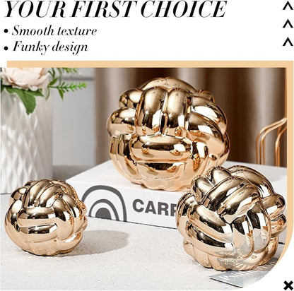 Wenqik 3 Pcs Gold Knot Decor, Link Coffee Table Bookshelf Decor Accents, Ceramic Decorative Objects, Modern Home Aesthetic Minimalist Book Shelf Decoration,3 Sizes