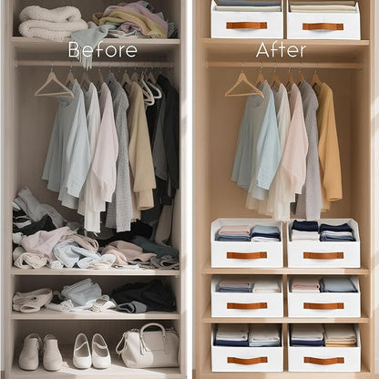Homsorout Fabric Storage Bins for Organizing - 8 Pack Large Trapezoid Collapsible Storage Bins with Front Handle, Closet Organizers and Storage for Bedroom, Home Shelves, Small Spaces, White