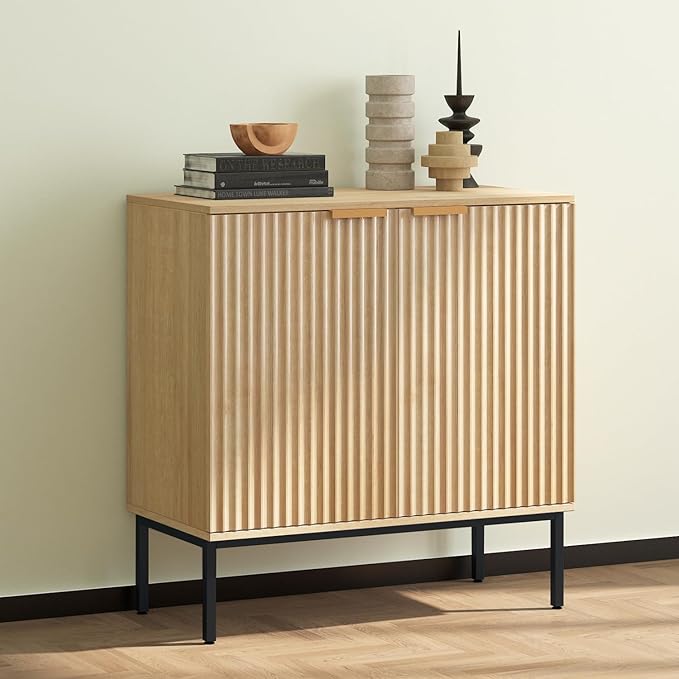 Fluted Sideboard, Buffet Cabinet with Storage, Wooden with Doors and Shelves, Accent Cabinet for Living Dining Room, Entryway