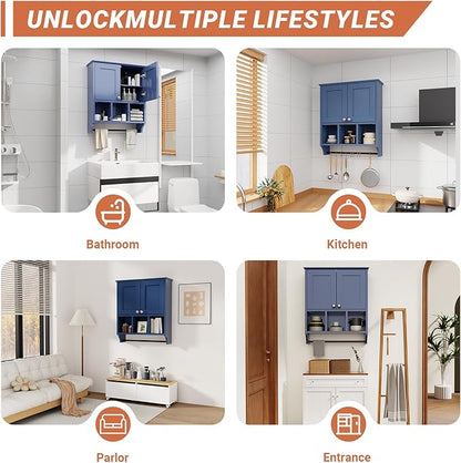 Over-The-Toilet Bathroom Storage Cabinet with Towel Bar, Space-Saving Wall Mounted Medicine Cabinet, 2 Doors & 1 Adjustable Shelf, Easy Install Blue Finish for Bathroom, Kitchen, Living Room