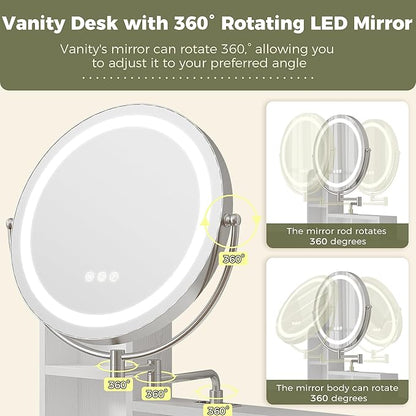 IRONCK Vanity Desk with 360° Rotating LED Mirror & Power Outlet, Makeup Vanity with 6 Slot Compartments & Storage Stool & Hairdryer Rack, White Dressing Table with Drop Leaf for Girls Women Bedroom